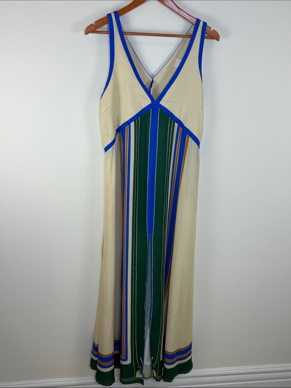 SANCIA Naomi Cupro Colorblock Maxi Dress Green Blue Cream M